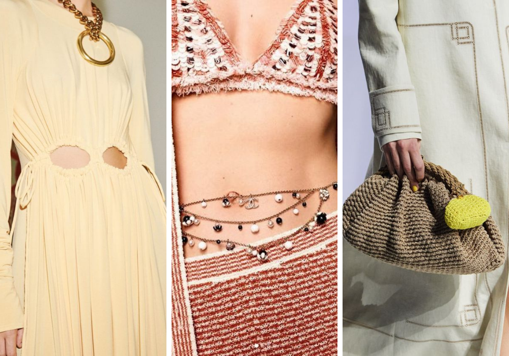 Recortes nas roupas, bijus com miçangas e bolsas mais rústicas para o verão 2021. 1: Victoria Beckham | 2: Chanel | 3: Fendi